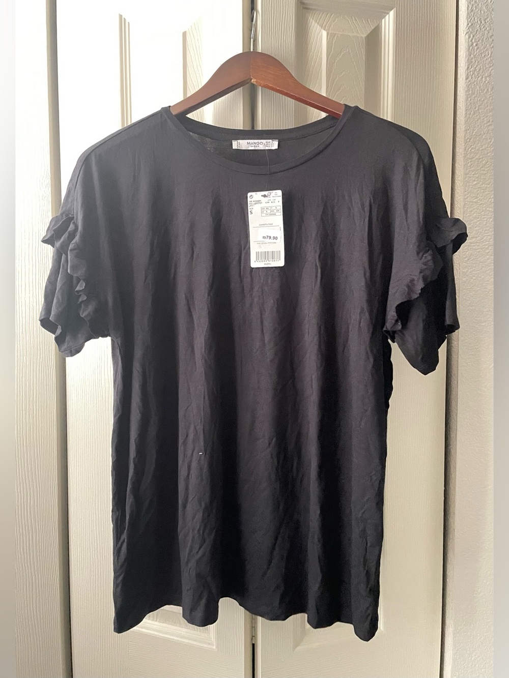 Mango Black Short Sleeve Ruffle-Sleeve Tee